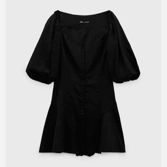 Zara Size S Sweetheart Neckline Puff Sleeve Linen Black Mini Dress 4661/308 - Picture 5 of 9